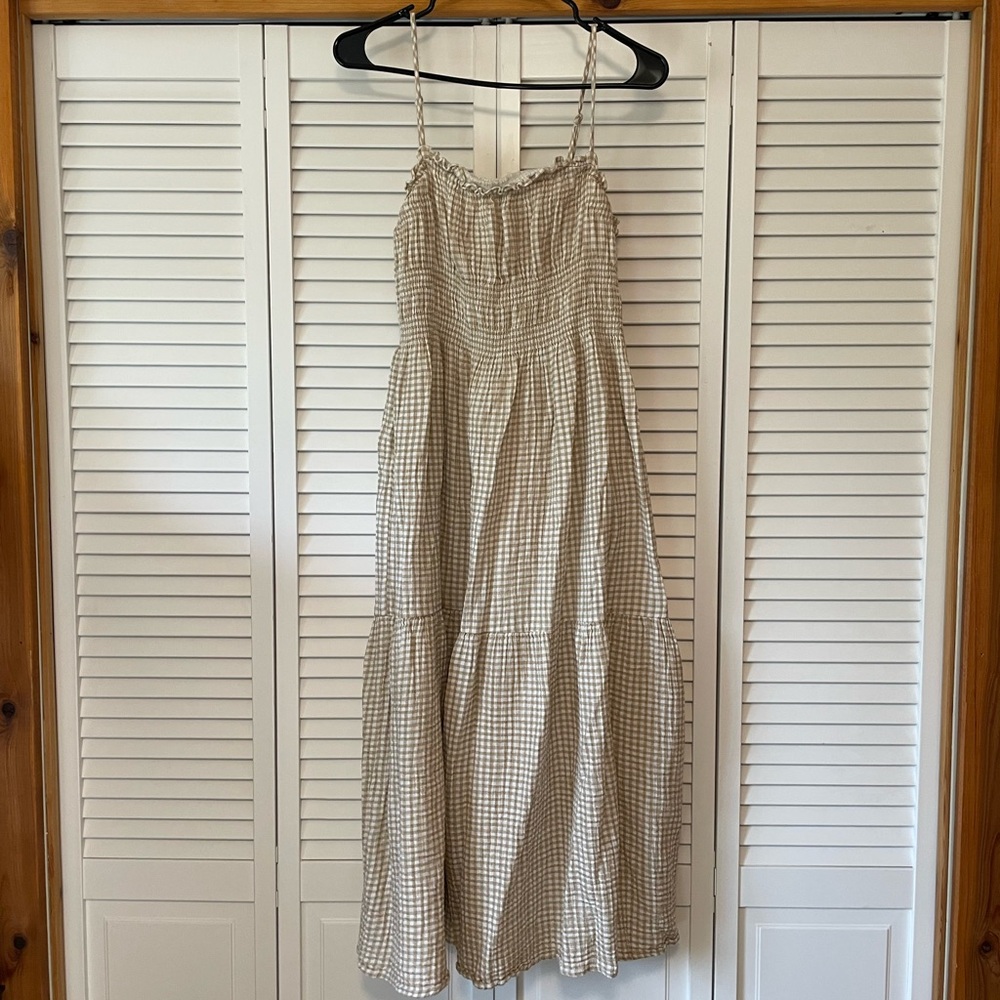 Gingham Smocked Beige Maxi Dress